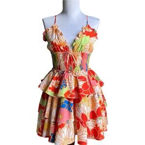 NEW TCEC Floral Tiered Ruffle Mini Dress Womens Size M Smocked Babydoll Coquette